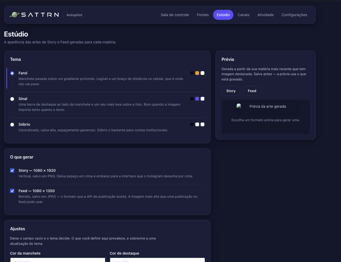 Tela do Estúdio do SATTRN Autopilot, com a escolha de tema, os formatos gerados e os ajustes de aparência da arte.