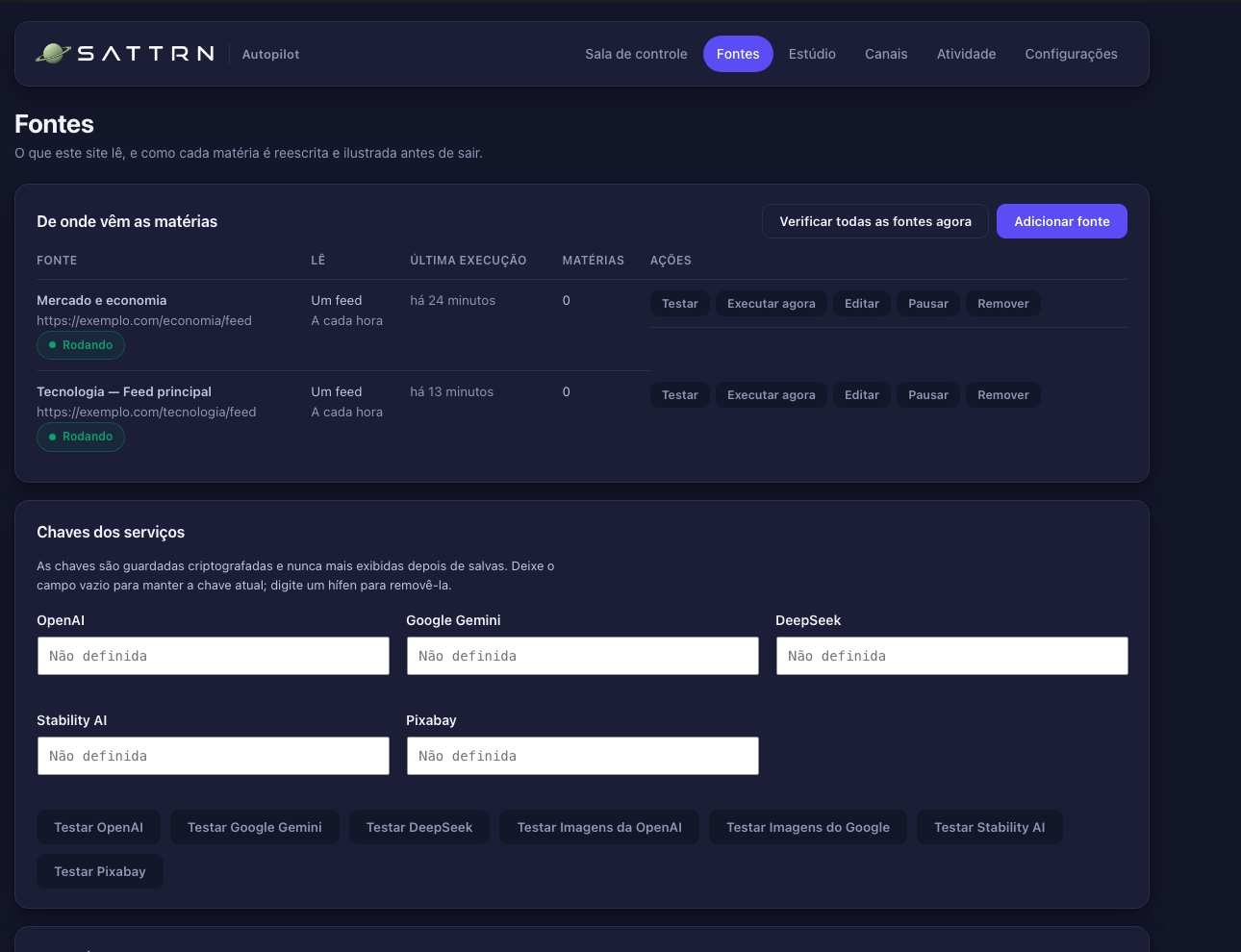 Tela de Fontes do SATTRN Autopilot, com a lista de fontes cadastradas, o tipo de cada uma, a última leitura e as ações disponíveis.